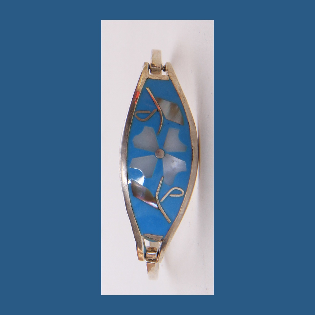 Mexican Vintage Alpaca Floral Blue Bracelet